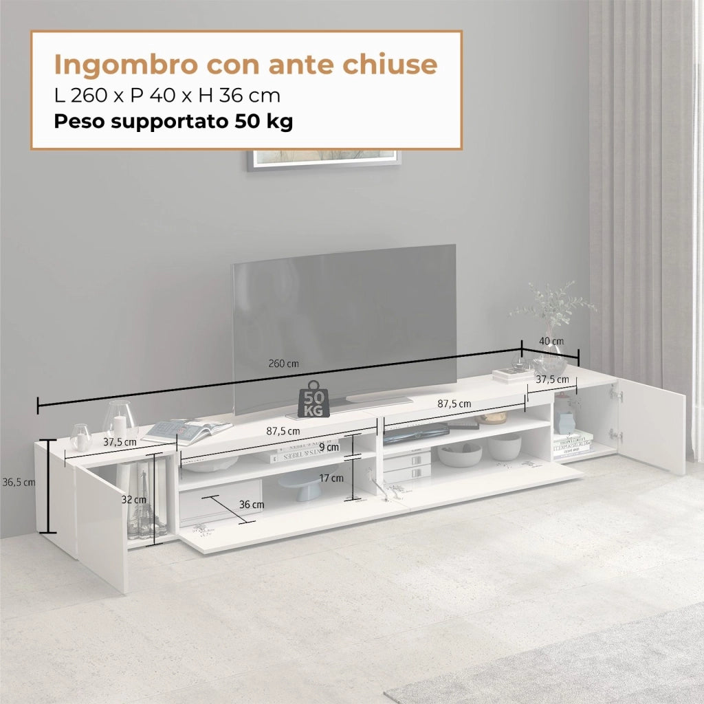 WHOUS Mobile porta tv Potenza con 4 ante e 2 vani aperti bianco lucido 260x40x36 cm