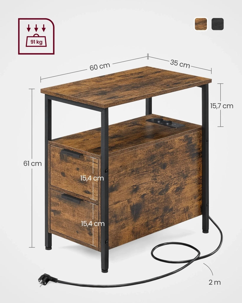 Tavolino laterale con multipresa tavolino sottile 60 x 35 x 61 cm con 2 cassetti comodino con contenitore per soggiorno/camera da letto marrone rustico e nero classico 12_0007550