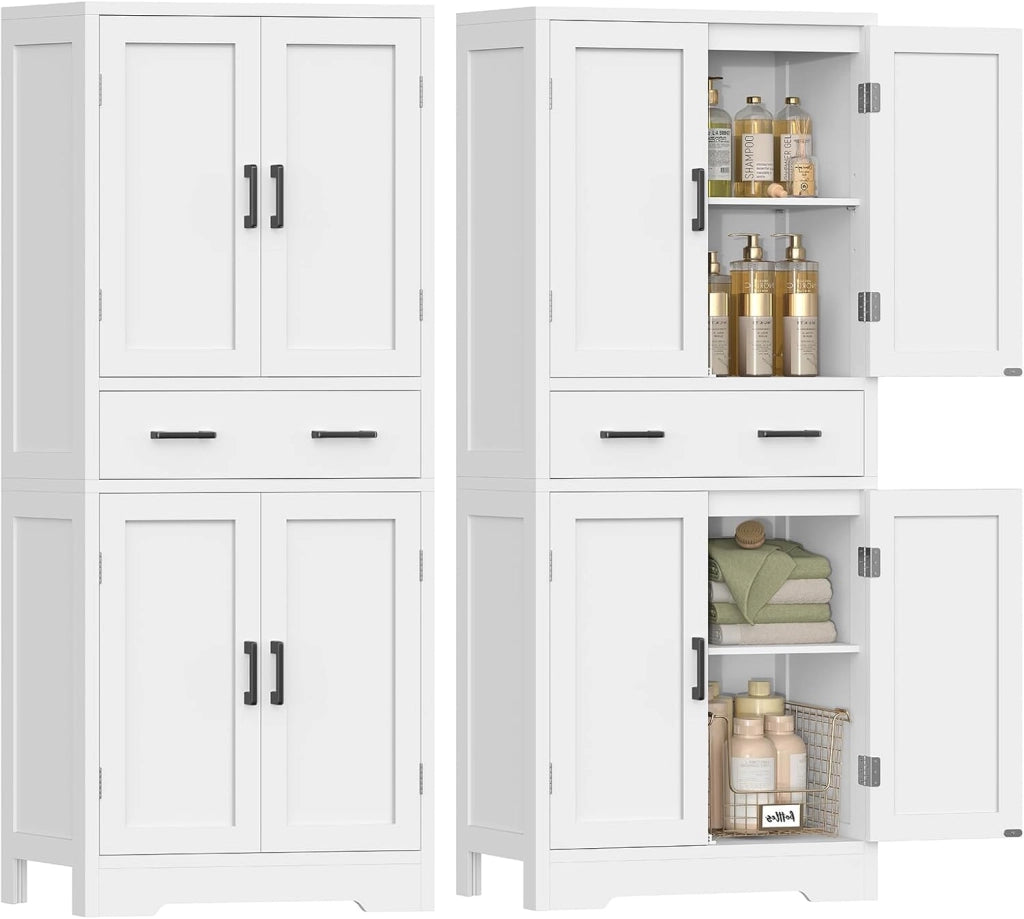 Mobile Bagno con 4 Porte e 1 Grande Cassetto, Mobiletto Bagno Salvaspazio con Ripiano Regolabile, Armadio Bagno – per Soggiorno, Cucina, Bianco, 60x30x148 cm