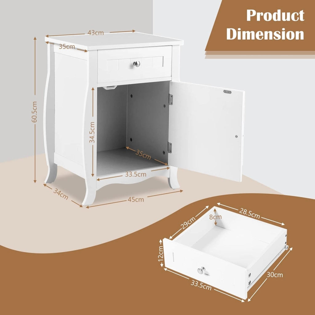 Comodino Bianco in Legno, Comodino con Cassetto e Armadio, per Camera da Letto, Soggiorno, 45 x 35 x 60,5 cm