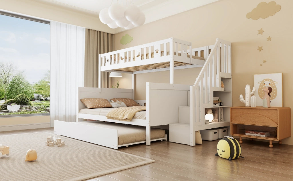 DESMIU Letto a castello letto bambini 3 posti con scala contenitore e letto estraibile, 90 × 200 e 140 × 200 cm, senza materasso