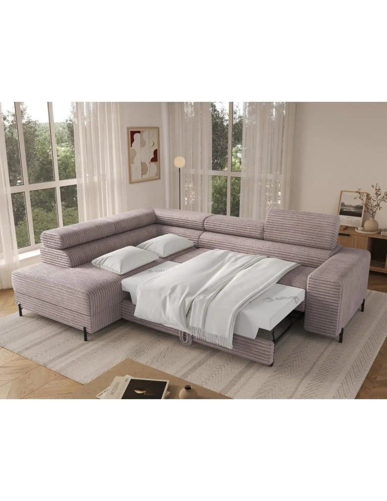 Divano ad angolo COLESIA convertibile 5 posti grigio velluto a coste – sinistra – 274x200cm