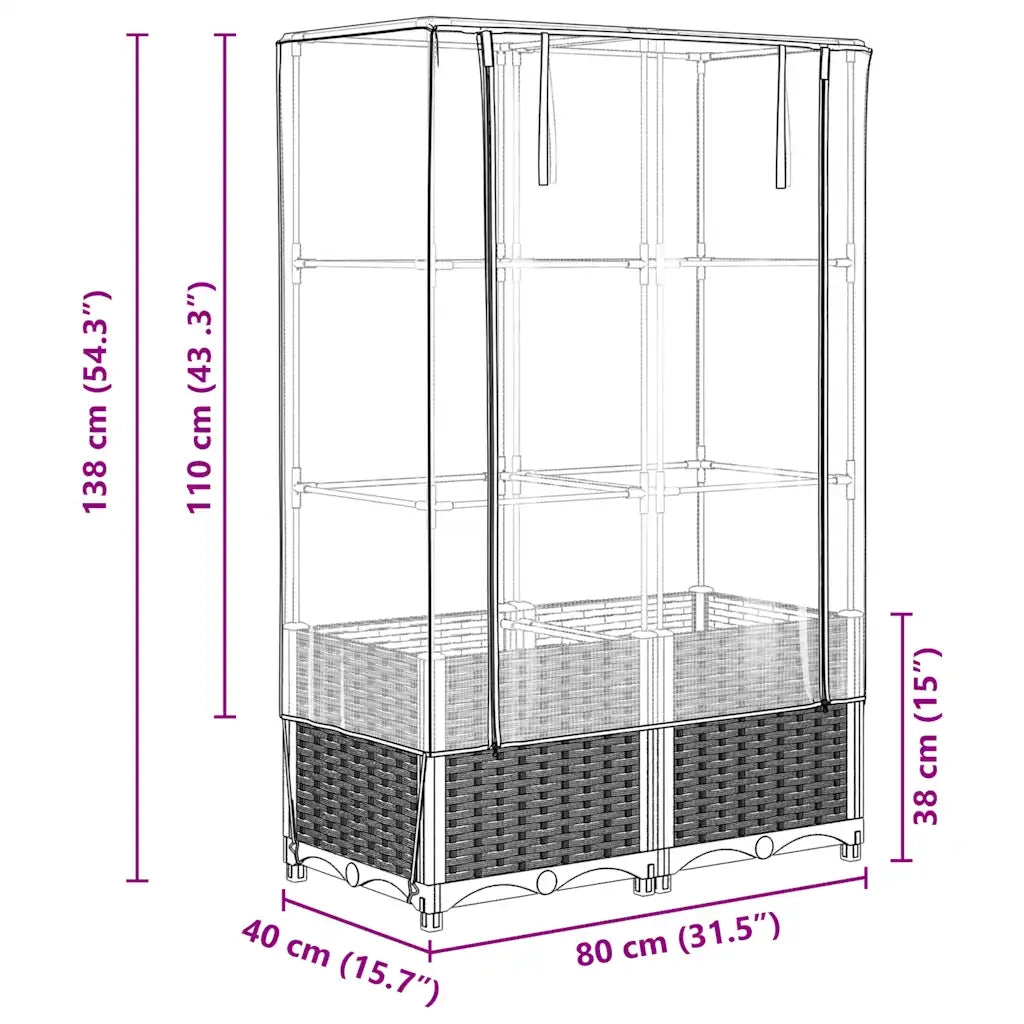 Fioriere | Cassetta per fiori | Letto Rialzato con Copertura Serra Effetto Rattan 80x40x138 cm