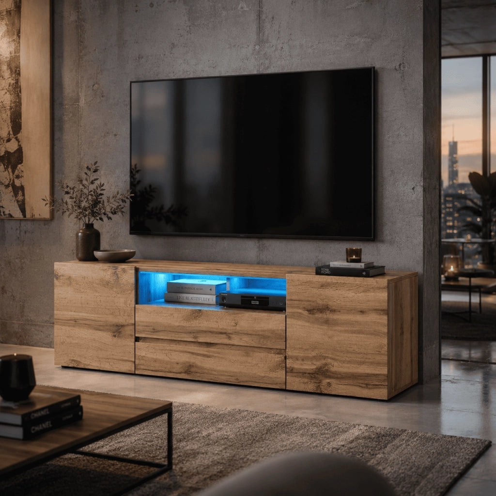 Mobile TV Design Moderno Nordico Con LED Integrati 2 Ante Battenti 1 Anta A Ribalta E Vani A Giorno In Melaminico Per Soggiorno Salotto Zona Living 137 X 45.5 X 33 Cm Rovere
