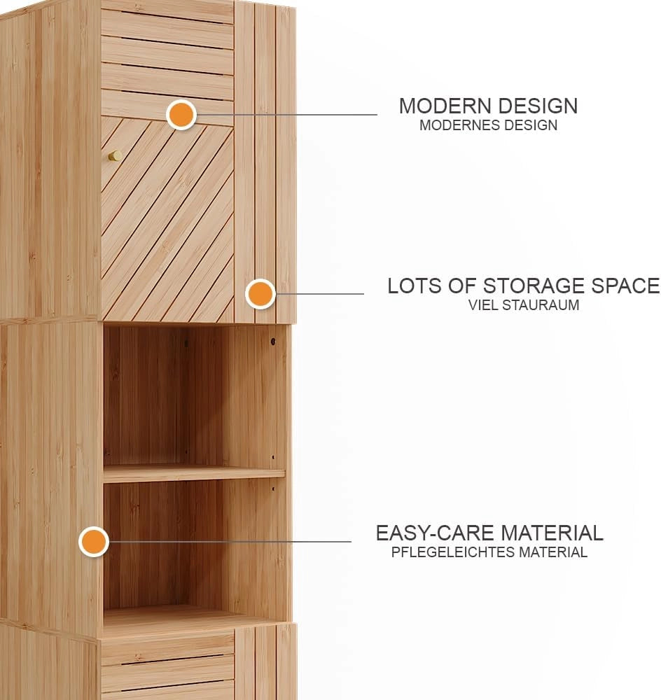 Mobile da bagno Lucie, Bambù, 40 x 177 cm con 2 porte, adatto per la conservazione salvaspazio di accessori da bagno