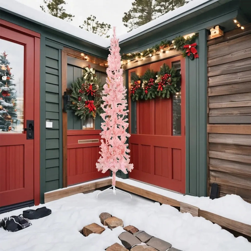 Albero Natale Artificiale Sottile a MetÃ  e Supporto Rosa 240 cm