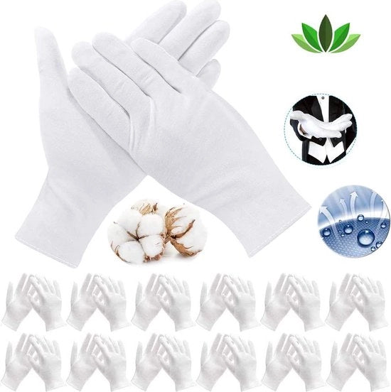 12 paia (24 pezzi) guanti bianchi, cotone, guanti di cotone, taglia XXL, guanti a manica a gomito di 100% cotone, comodi e a denti di sega, per la cura della pelle, uso quotidiano