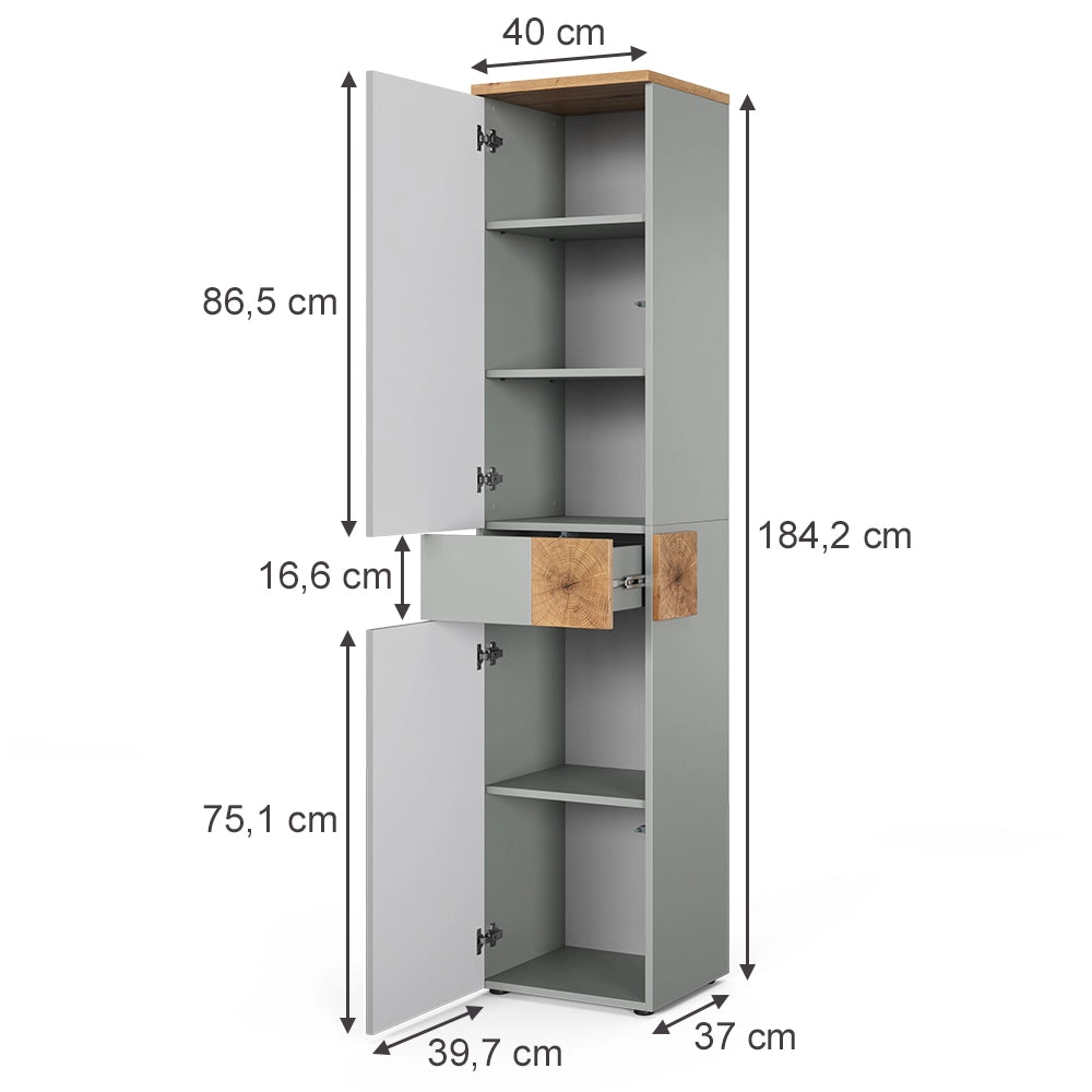 Vicco Armadio per il bagno Grigio/Artisan 40 x 184.2 cm con 2 ante e 1 cassetto