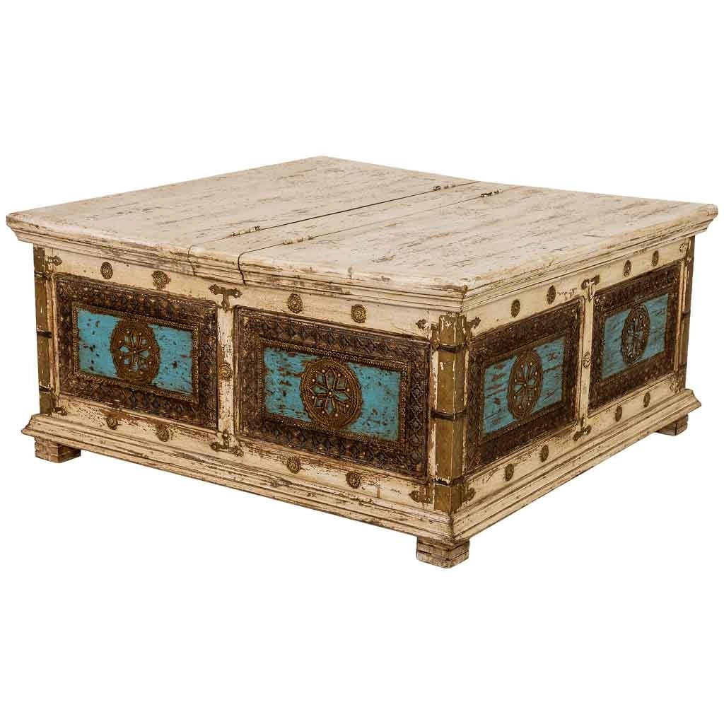 Tavolino artigianale in legno bianco, 100x100x47h cm