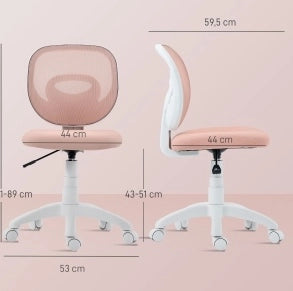 Sedia da ufficio ergonomica rosa con schienale a C, altezza regolabile e senza braccioli