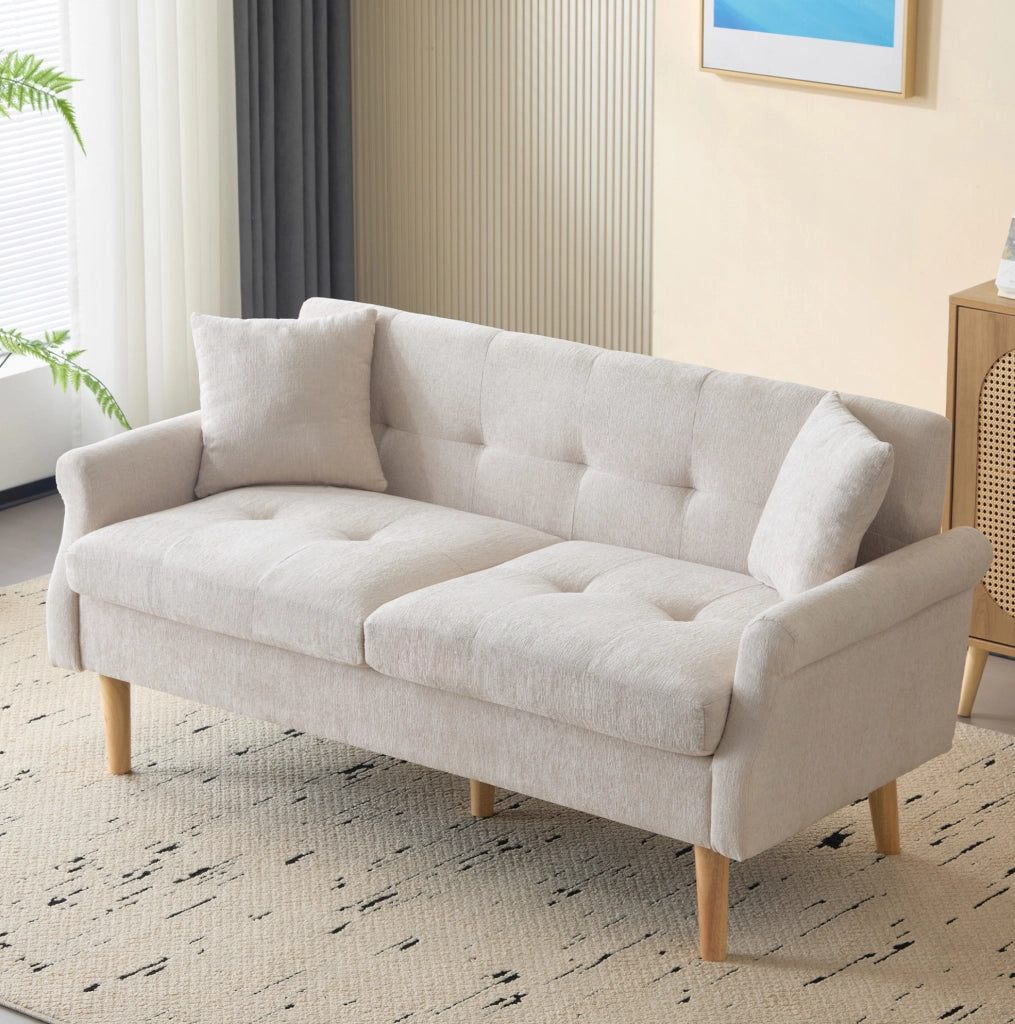 Divano 2 posti in chenille beige con cuscini; 162x74x77 cm
