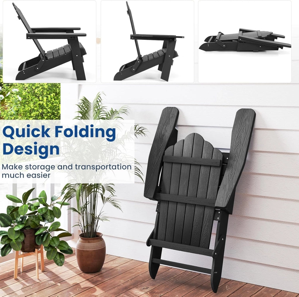 Adirondack - Sedia pieghevole, sedia da giardino con schienale inclinato e braccioli larghi, poltrona ergonomica con carico di 180 kg, seduta esterna per balcone, terrazza (nero)