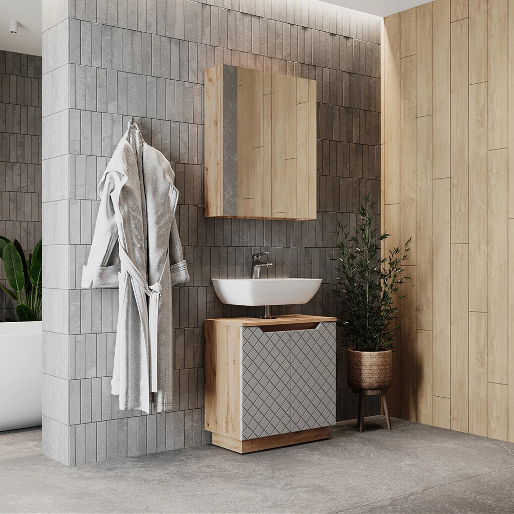 Vicco Set di mobili da bagno Rovere/grigio con struttura in piastrelle 2 parti
