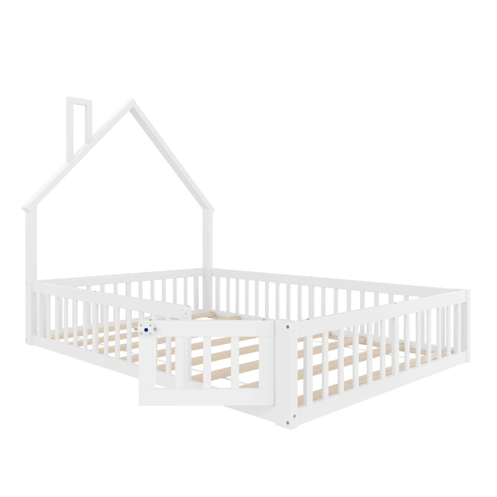 Letto per bambini in pino con camino, 140x190 cm, bianco