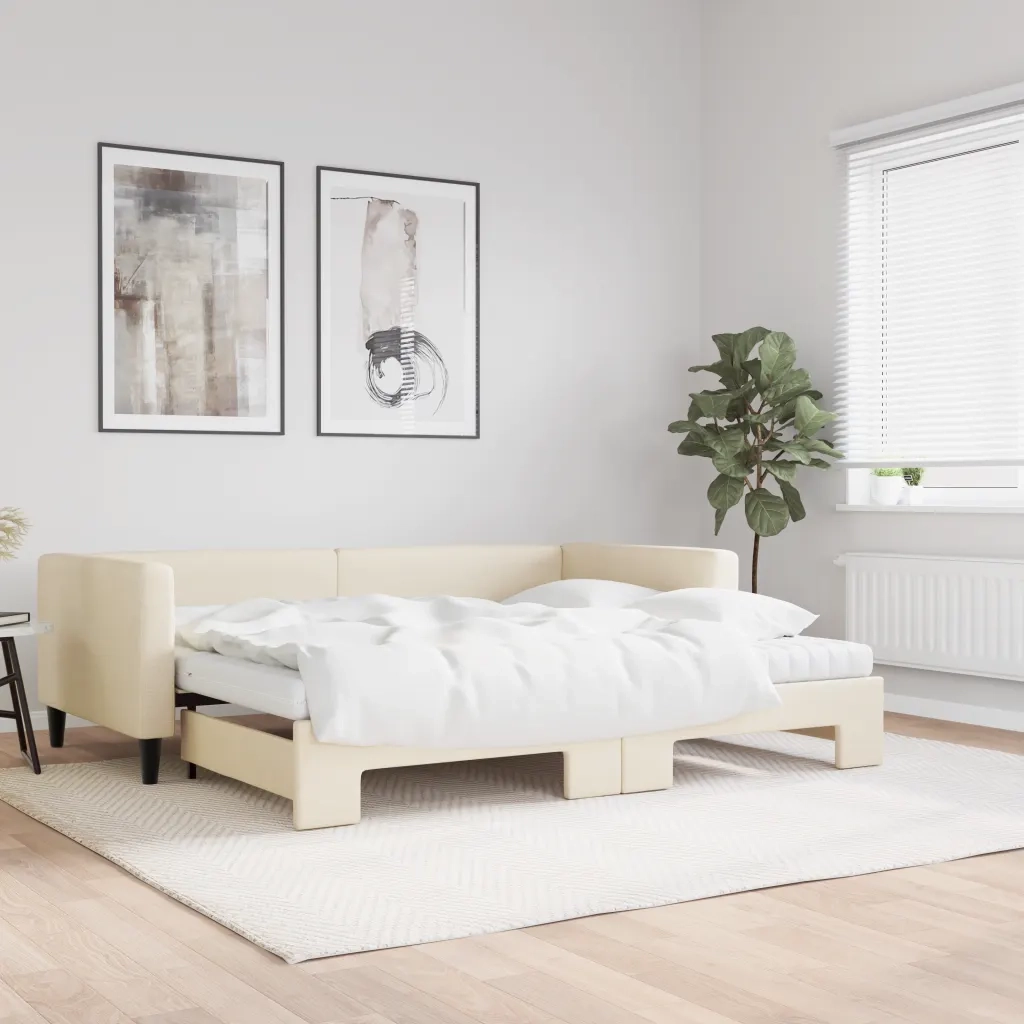 Divano Letto Estraibile con Materassi Crema 90x200 cm Tessuto 3196600