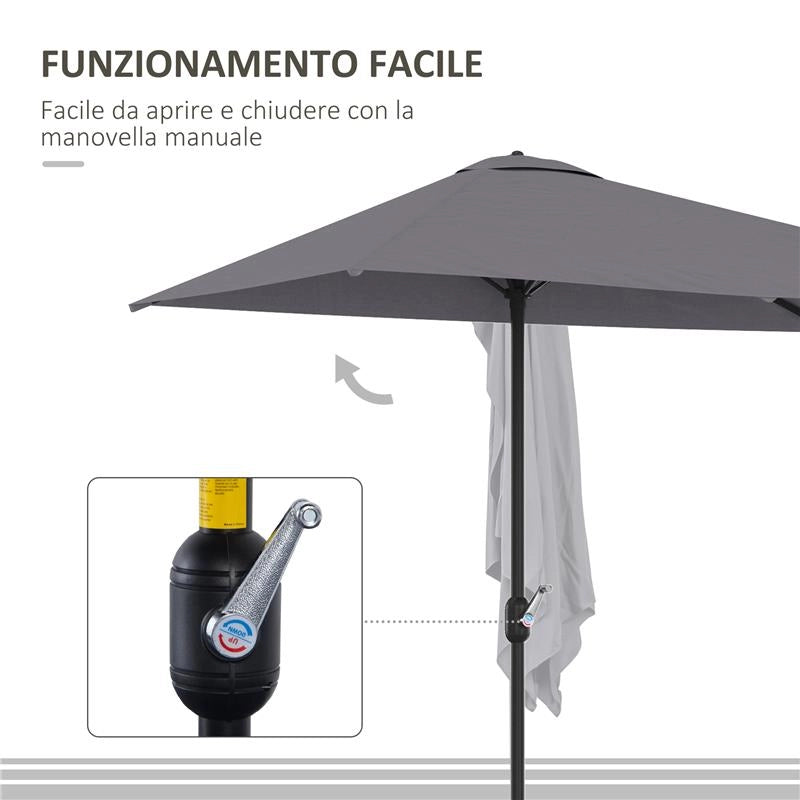 OMBRELLONE DA PARETE MEZZALUNA SALVASPAZIO CON APERTURA A MANOVELLA, GRIGIO