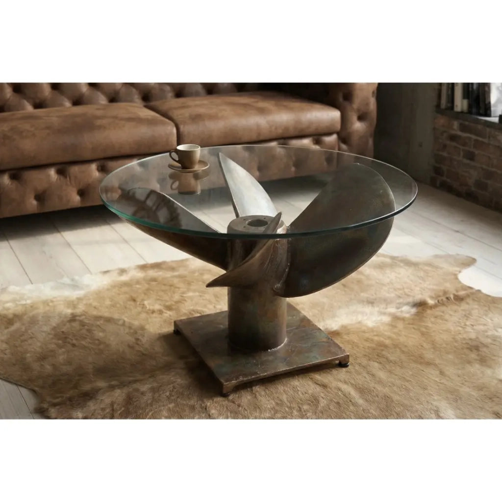 Tavolino ALUMIA rotondo 60 cm in vetro temperato e alluminio finitura rame – design industriale elica