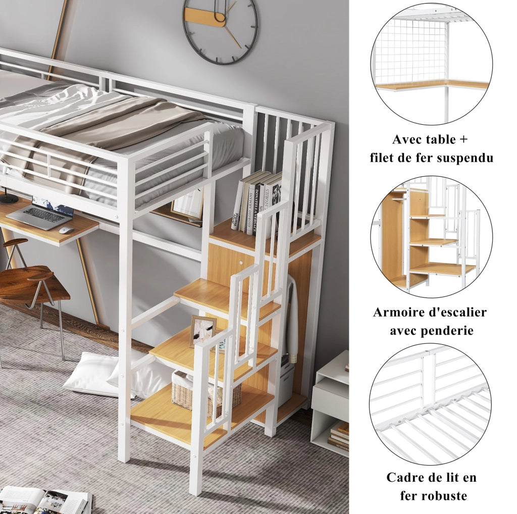 Letto a soppalco in metallo 90x200 cm con scrivania e armadio; bianco naturale