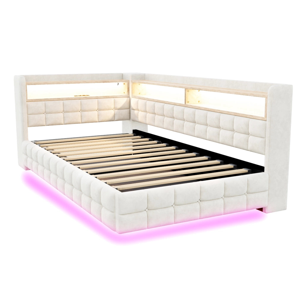 Divano letto imbottito 90x200 cm con contenitore idraulico; LED e prese USB-C; beige