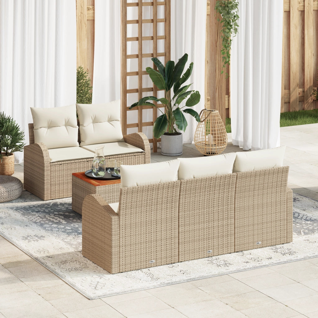 Set Divano da Giardino 6 Pezzi con Cuscini Beige Polirattan Acacia