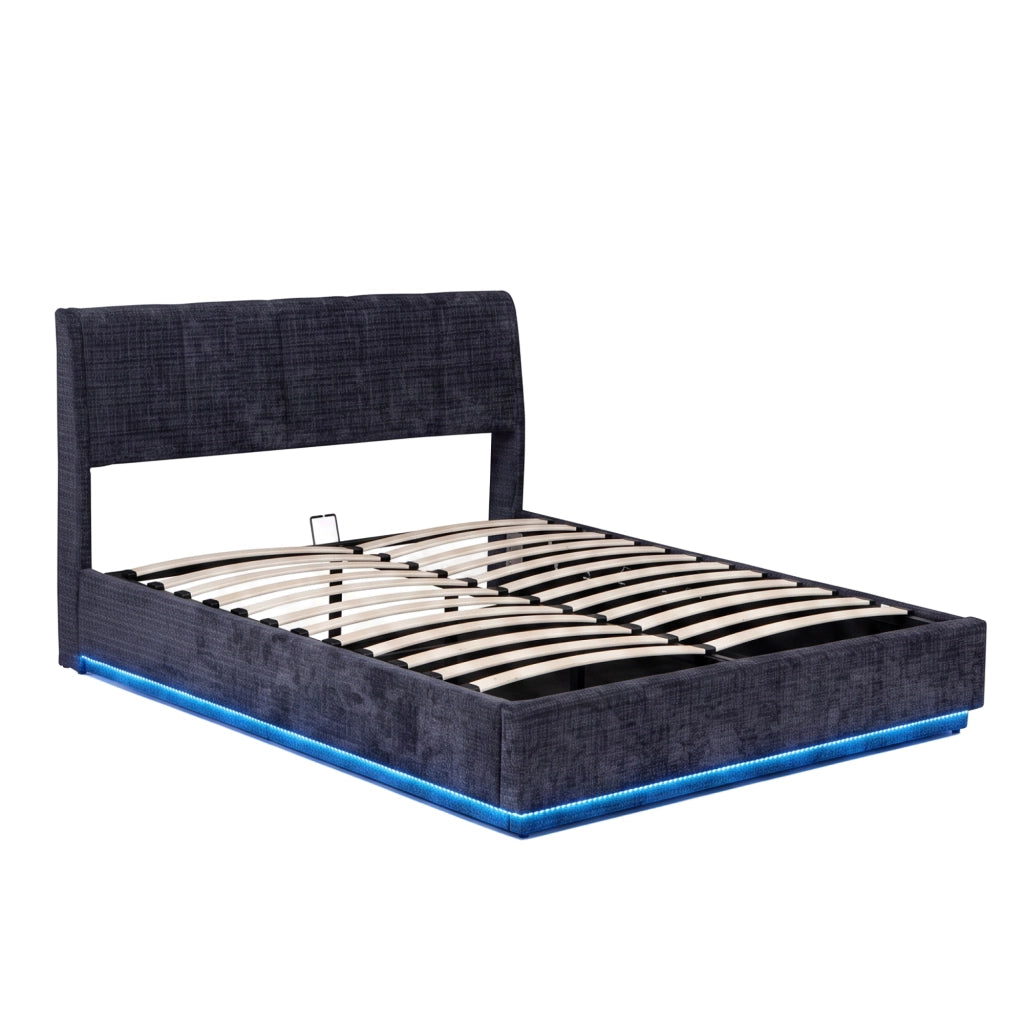 Letto Francese Contenitore Tröstiar con Apertura a Ribalta e Luce LED 140x200 cm - Effetto Lino Blu [en.casa]