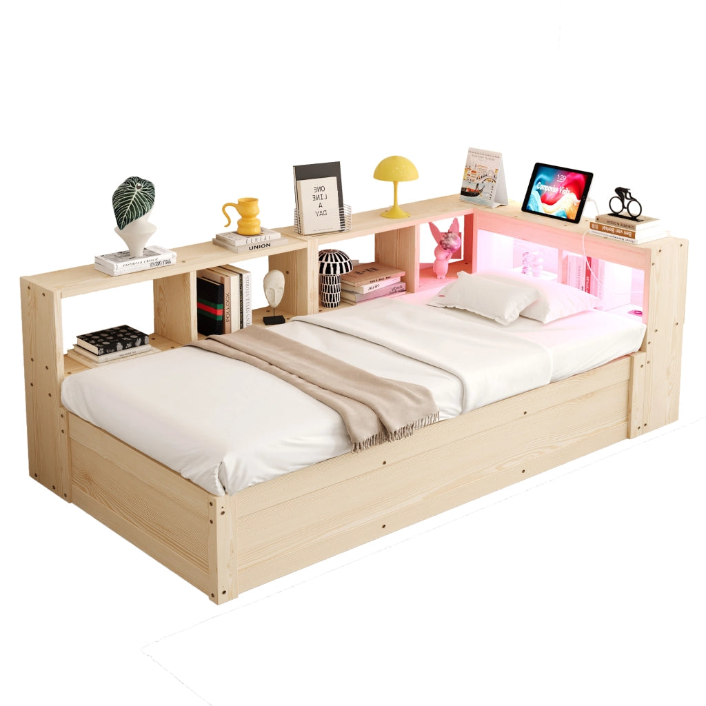 Letto singolo 90 × 200 cm con presa multifunzione, luce LED, vani contenitore e senza materasso, legno naturale