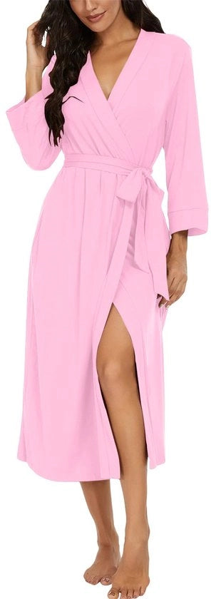 Kimono da camera a V con cappuccio per donne con lunghezza da sauna (rosa chiaro, M)