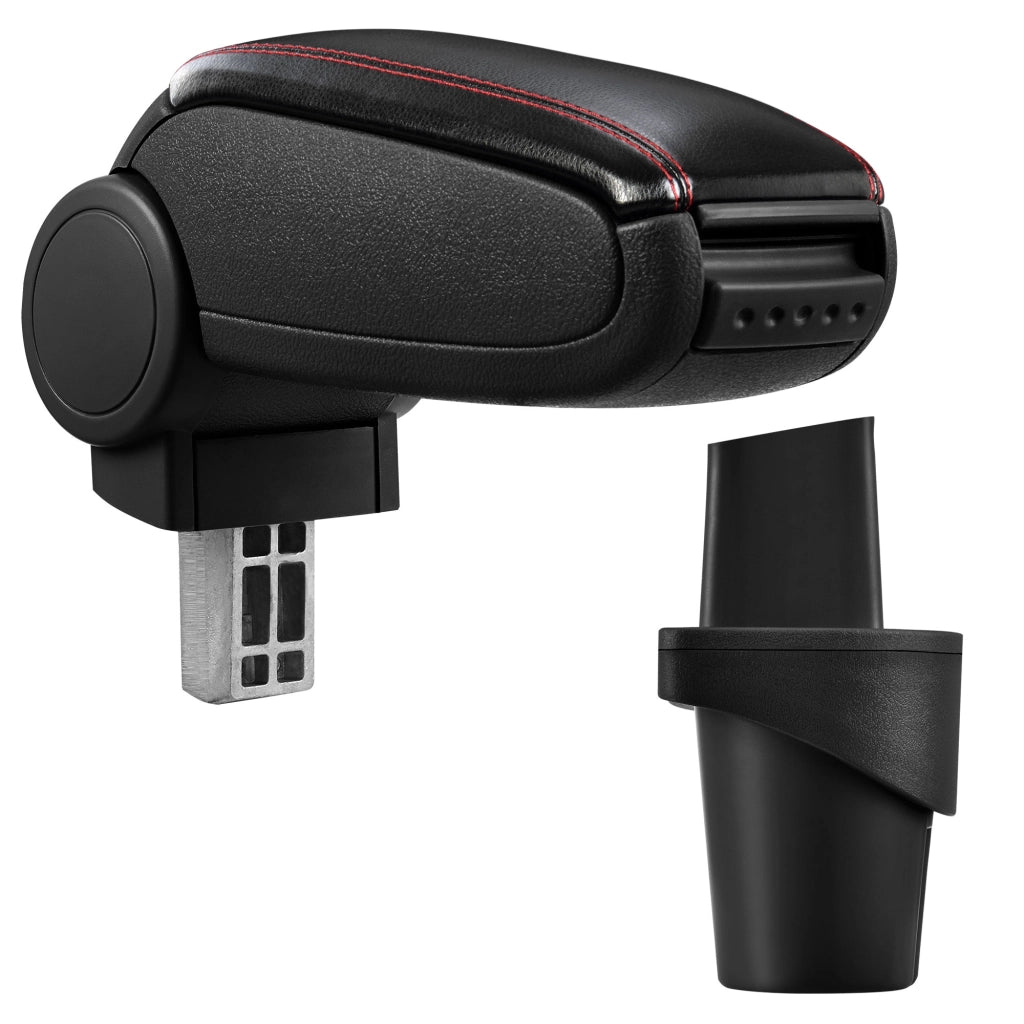[pro.tec] Bracciolo centrale - Poggiabraccio con vano portaoggetti - imbottito - in similpelle - nero con cucitura rossa - VW Touran / Caddy