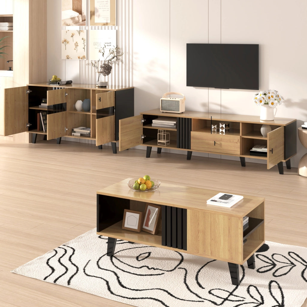 OKWISH Set di 3 Mobili da Soggiorno con Tavolino, Mobile TV e Madia con LED, Vetro e Pannelli di Particelle, Nero e Legno