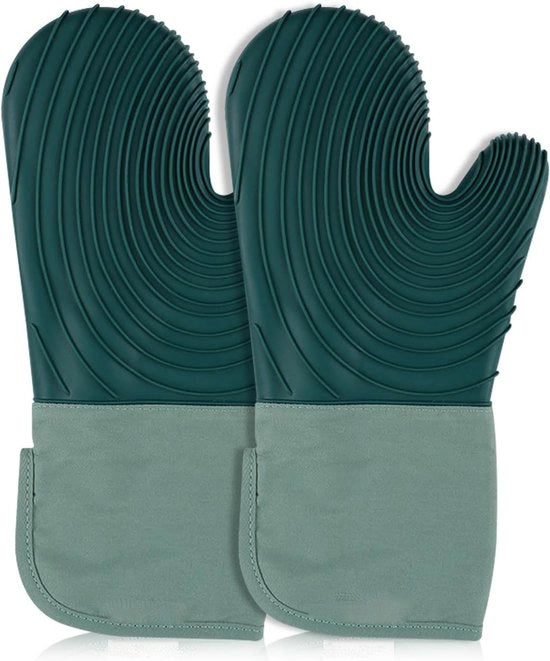Occhiali termoisolanti per forno a doppia imbottitura con fodera di cotone - Manopole termoisolanti in silicone - Set manopole termoisolanti in silicone - Senza BPA - Lunghe manopole per cucina e sottopanchine in silicone per griglia - Verde