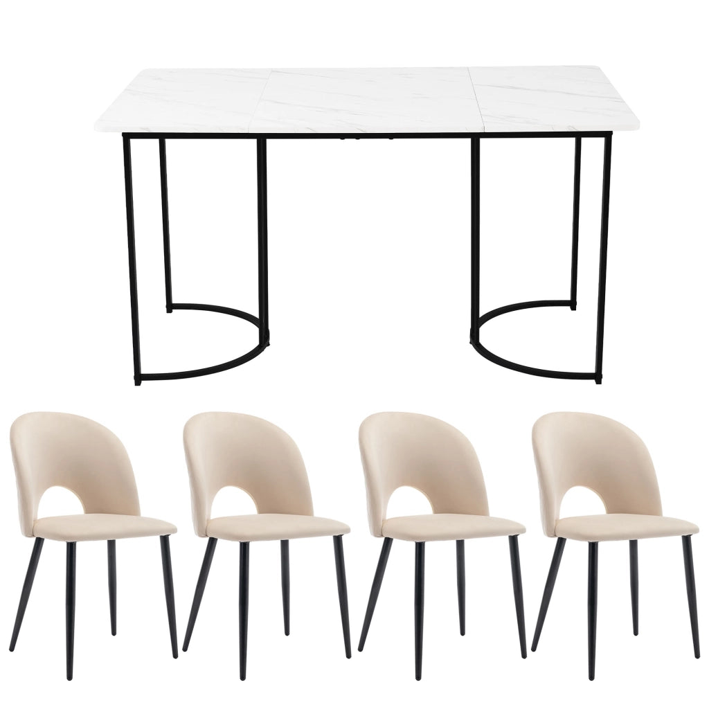Set Tavolo da Pranzo Allungabile con 4 Sedie in Velluto ¨C MINIMAL ¨C Piano Bianco, Gambe Nere, Beige, 140x80 cm