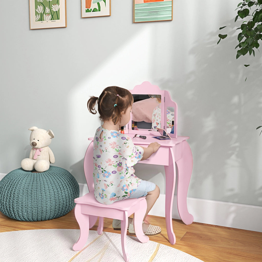 Tavolino trucco per bambine con specchio e sgabello ¨C Xylo ¨C Rosa con cassetto 3-6 anni