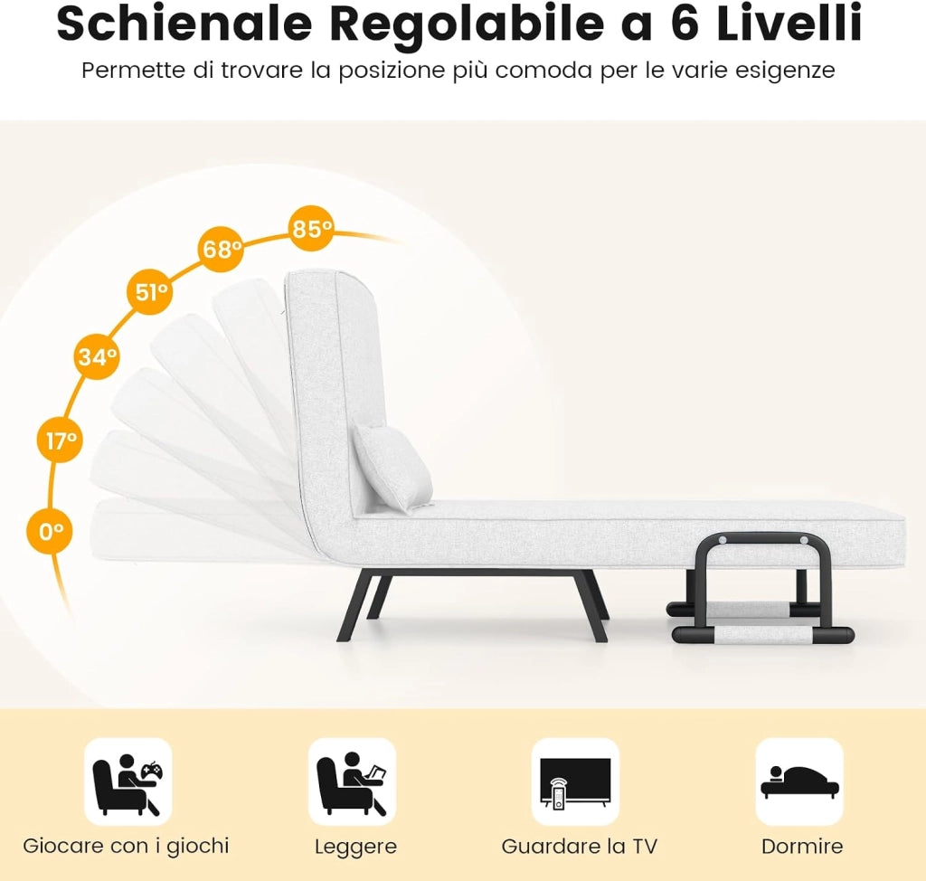 4 in 1 Poltrona Letto Singolo, Poltroncina Pieghevole con Schienale Regolabile in 6 Posizioni, Sedile Imbottito Robusto, Divano Letto per Casa Ufficio, 79x65x79 cm (Bianco)
