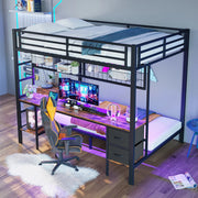 OKWISH Letto a soppalco 140×200 cm, Letto Matrimoniale con 2 Cassetti, Mensole, Griglia, Scrivania e LED 7 Colori, senza Materasso, Nero