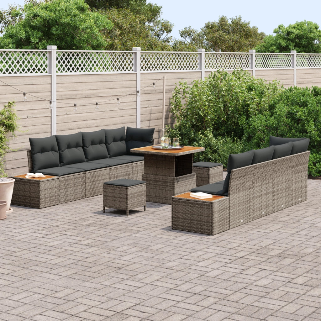 Set Divano da Giardino da 11 Pezzi con Cuscini Grigio Polyrattan Acacia