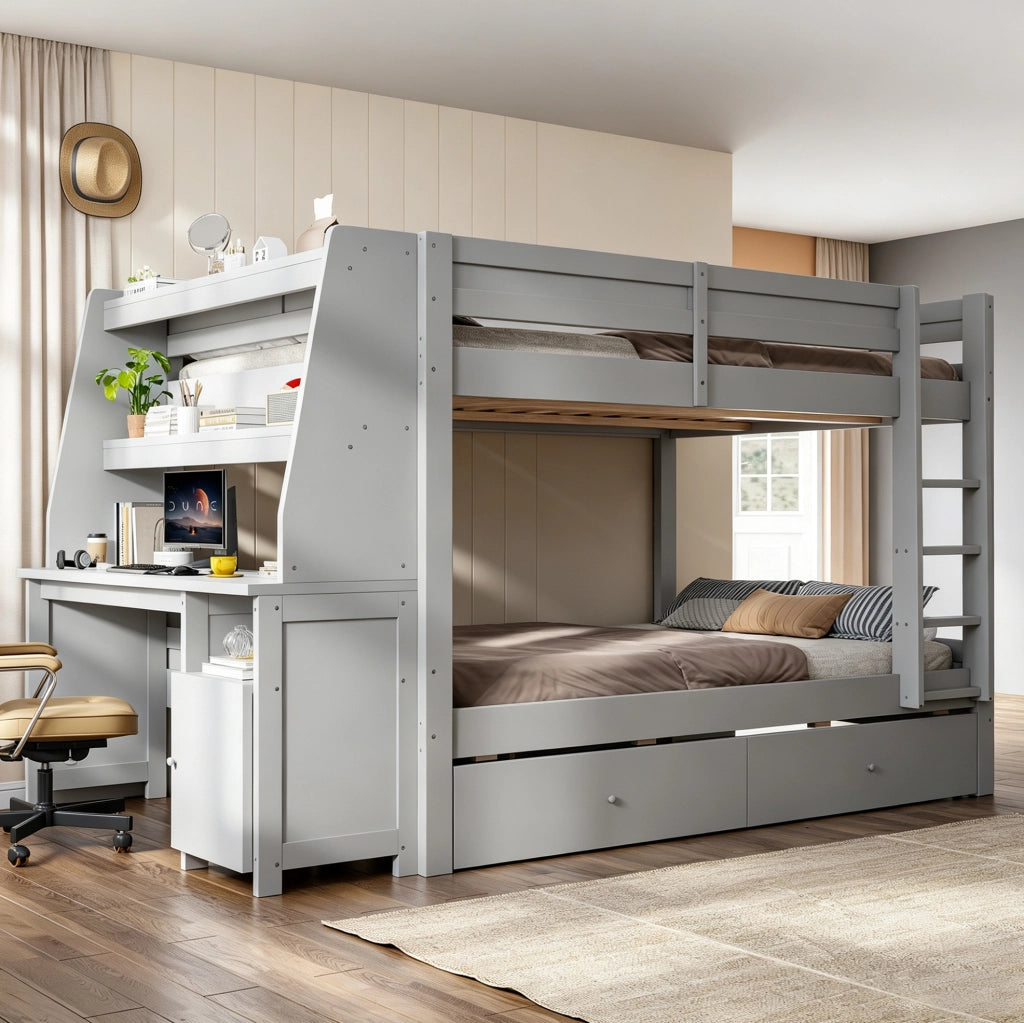 Letto a castello 140x200 cm con scrivania e contenitore grigio