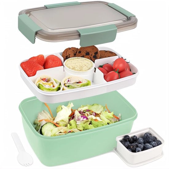 Borsa per picnic per adulti 2000ml, contenitore per cibi senza smalto con sezioni per bambini, contenitore per insalata, borsa per pranzo per la strada con forchetta, borsa per pranzo per scuola e ufficio, verde scuro