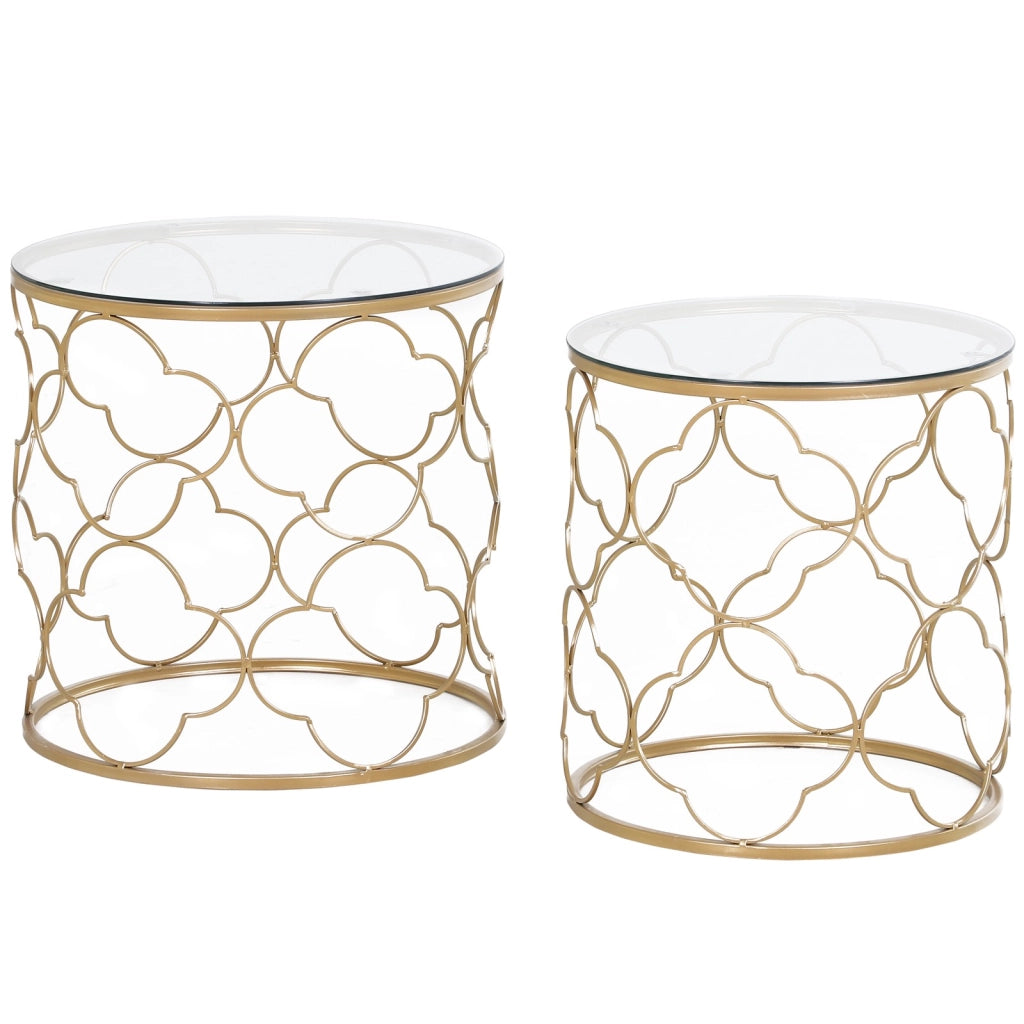 EasyComfort Set di 2 Tavolini da Salotto Impilabili Art Deco in Metallo con Piano in Vetro, Oro