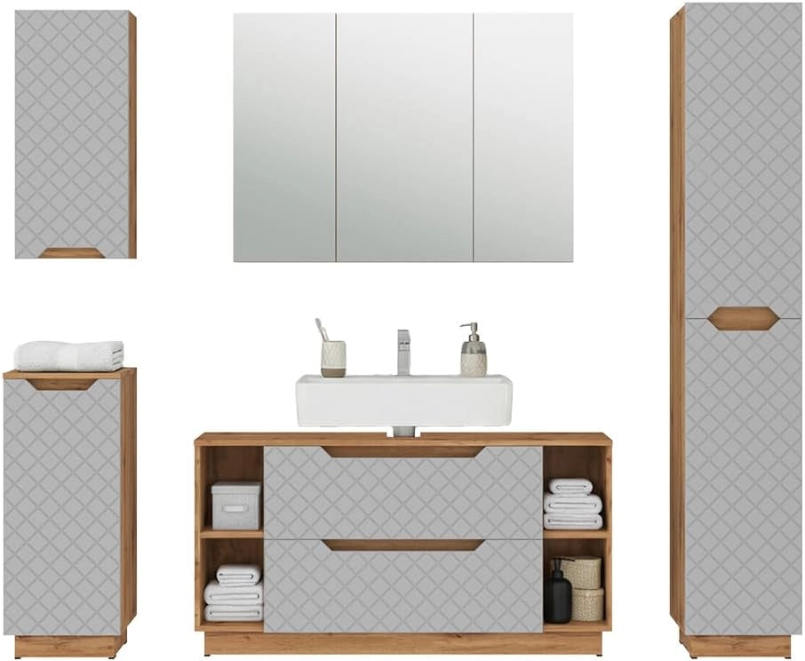 Set di mobili da bagno Lotta, Grigio, 119.2 cm, composto da mobile sottolavabo, specchiera, colonna, base media e pensile