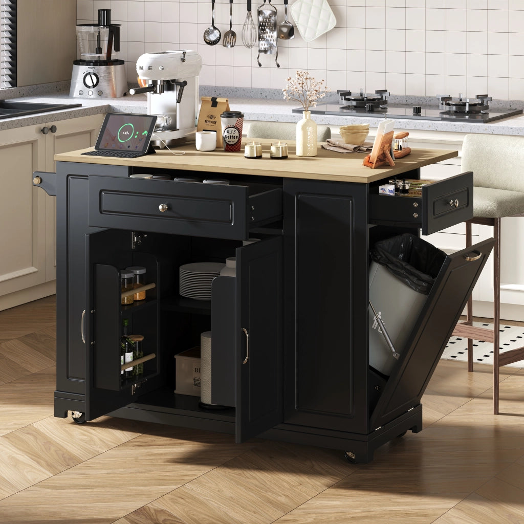 Isola da Cucina con 2 Ante; Ripiani Regolabili; Piano Pieghevole; Prese e Ruote; Cucina 131.8x40-70x93.3 cm
