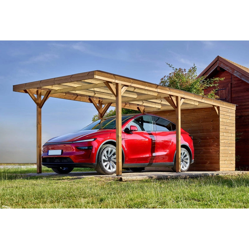 Tettoia auto in legno termotrattato 631x300 cm – Carport auto con capanno 3 m² e tetto in policarbonato – THP3063A Foresta