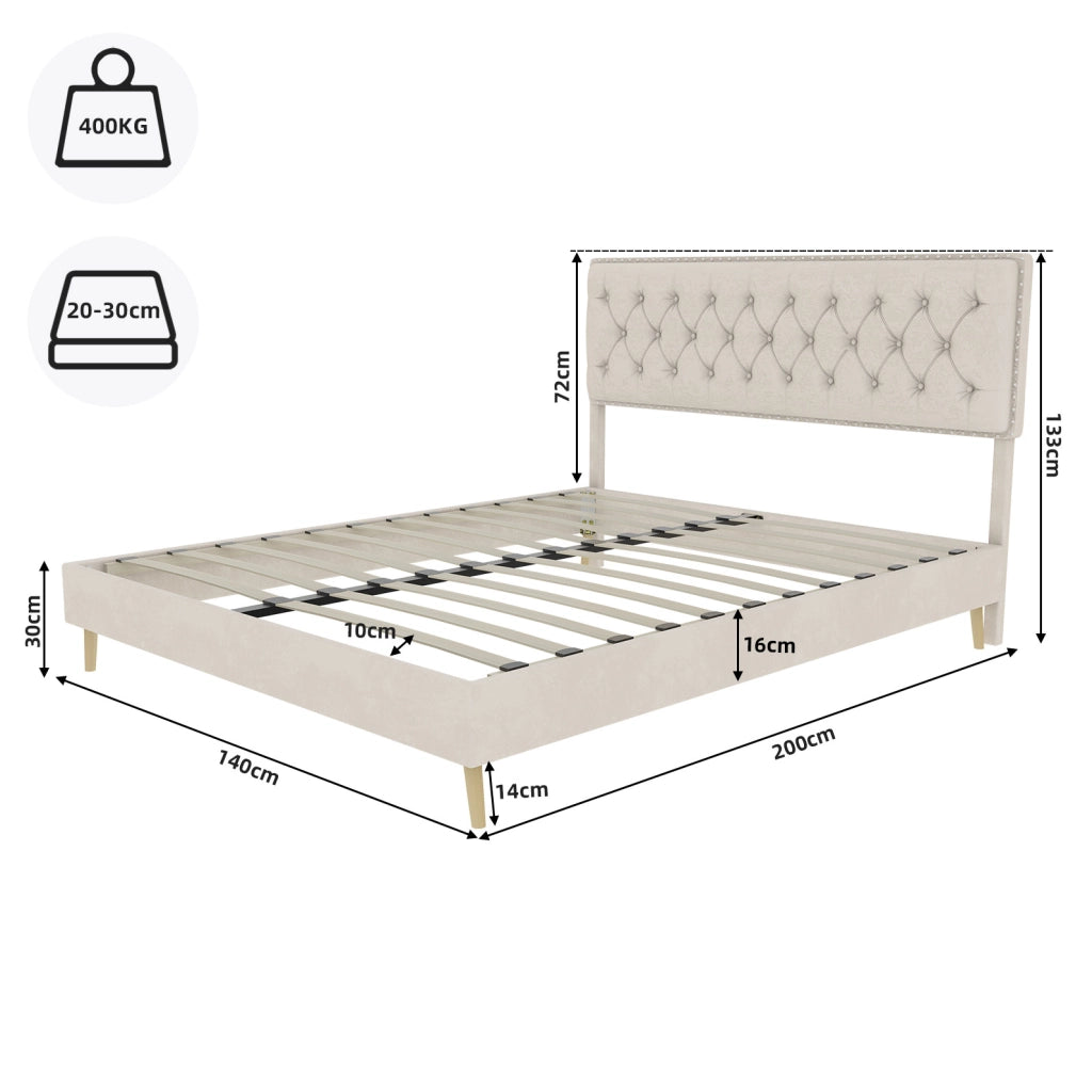 Letto matrimoniale 140x200 cm in velluto olandese beige con testiera alta