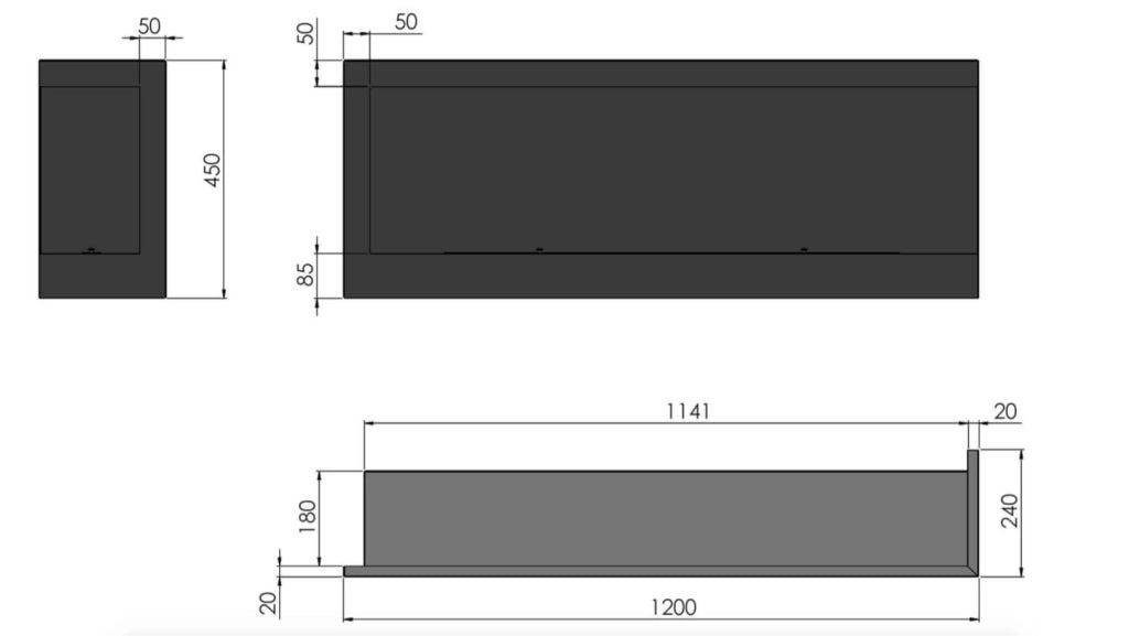 Camino a Bioetanolo da Incasso 120x45 cm Corner 1200 Right Destro Nero con Vetro