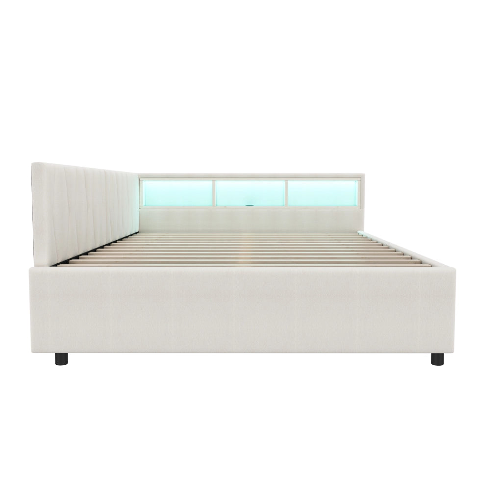 Letto 140x200 cm in lino e MDF con luce LED; cassetti e porte USB-C; beige