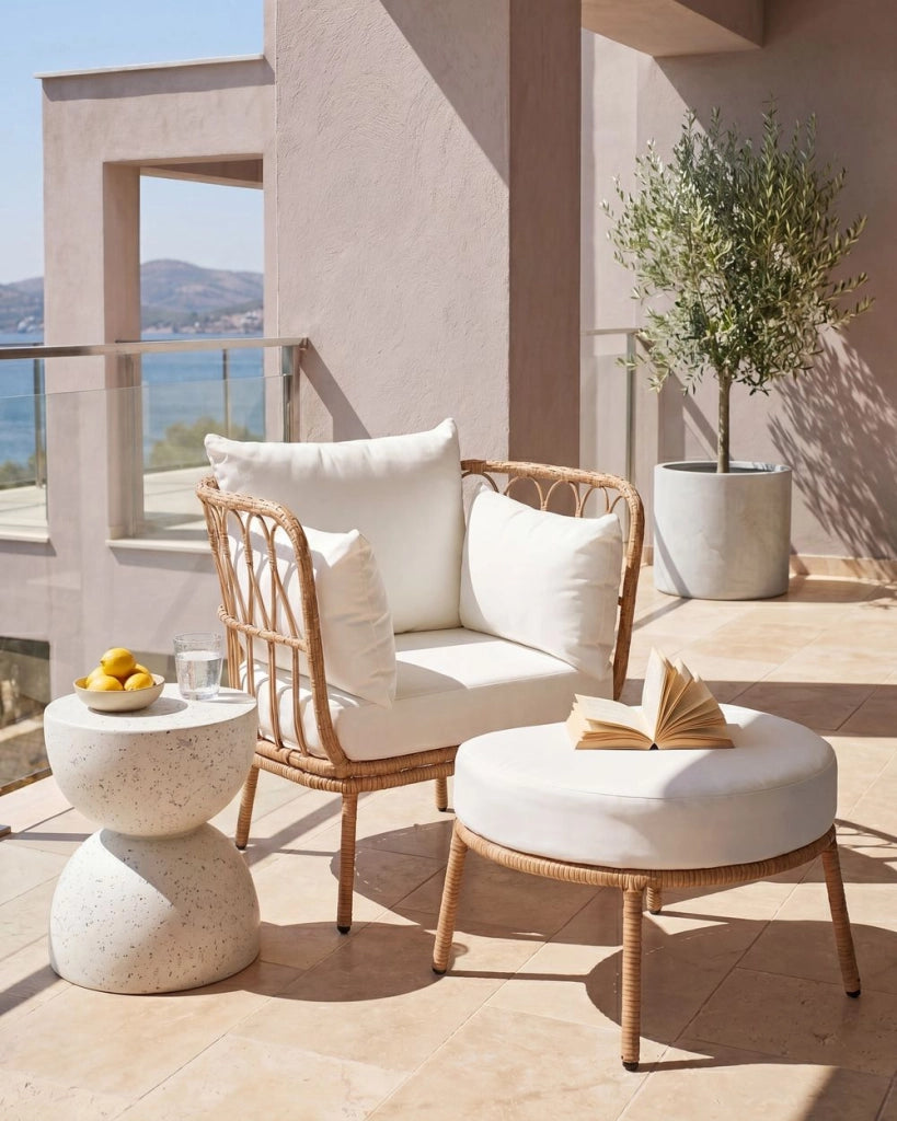 Sedia da Giardino con Poggiapiedi in Rattan PE Marrone Chiaro Struttura in Acciaio e Gambe in Metallo Cuscini Bianco Sporco Arredo da Esterno