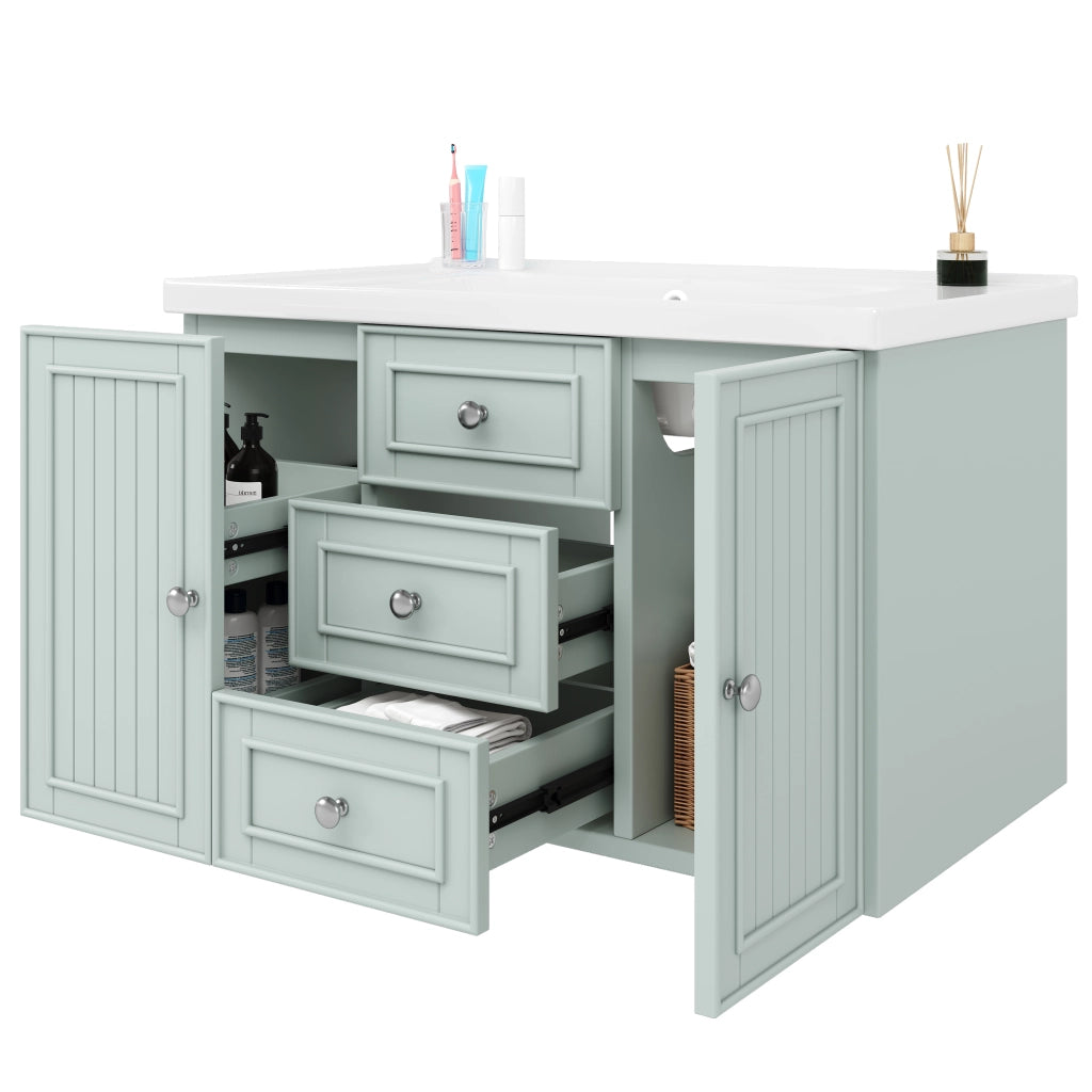 Mobile sottolavabo con lavabo in ceramica, 3 cassetti, montaggio a parete, MDF verde per bagno 78,5 × 46 × 46,8 cm