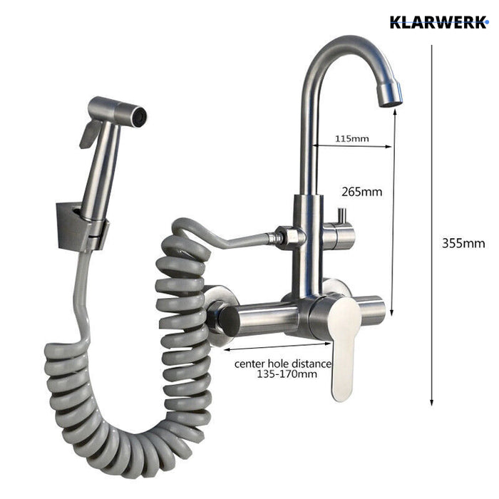 JULIE | Rubinetto miscelatore gastronomia a parete nero | professionale da cucina in acciaio inox con doccetta|Acqua rubinetto ristorante  bocca alta