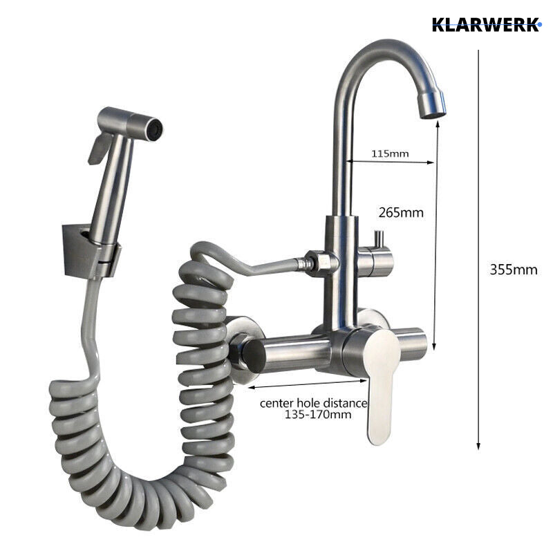 JULIE | Rubinetto miscelatore gastronomia a parete nero | professionale da cucina in acciaio inox con doccetta|Acqua rubinetto ristorante  bocca alta