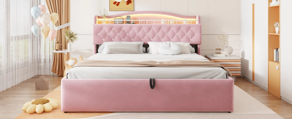 DESMIU Letto contenitore 180 × 200 cm 2 posti con vano idraulico, USB, USB-C e senza materasso, rosa