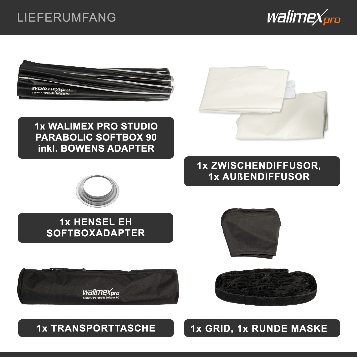 Studio Parabolic Softbox 90cm + adattatore softbox per Hensel Expert, ruotabile a 360°, facile da montare grazie alla funzione ombrello, include griglia, maschera